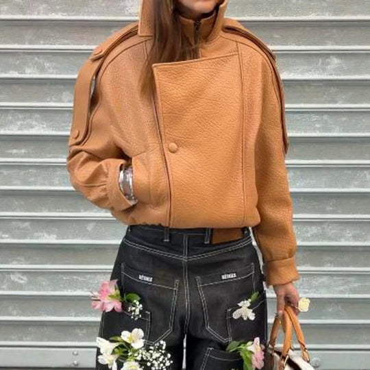 Damen Cropped Oversize-Jacke aus strukturiertem Kunstleder mit hohem Stehkragen Shop Nory