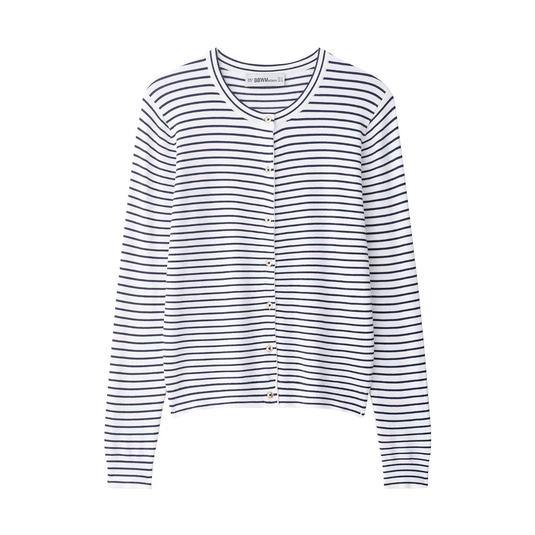 Damen Maritimer Feinstrick-Cardigan mit feinen Streifen und Perlmuttknöpfen Shop Nory