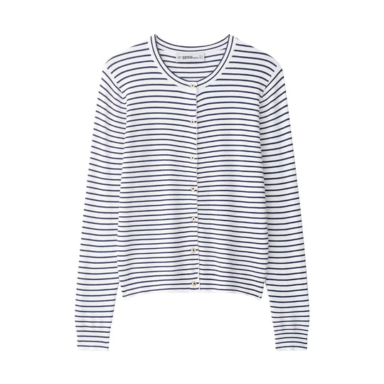 Damen Maritimer Feinstrick-Cardigan mit feinen Streifen und Perlmuttknöpfen Shop Nory