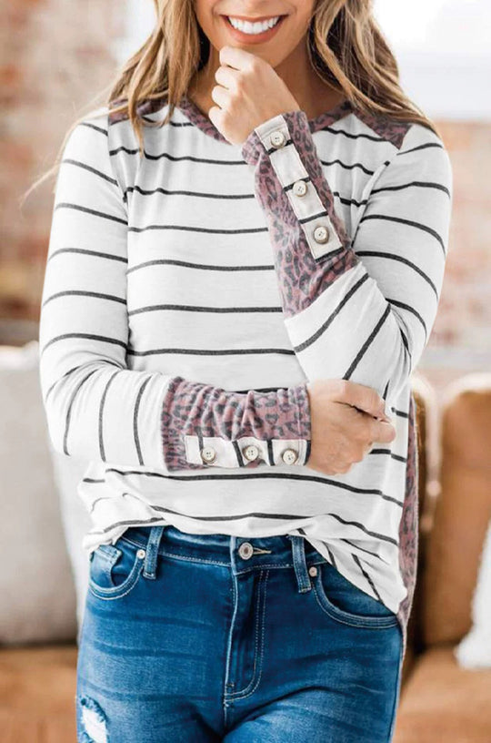 Damen Lässiges Streifen‑Langarmshirt mit Knopfmanschetten und Leo‑Kontrast Shop Nory