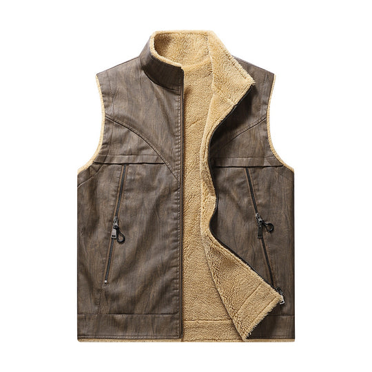 Herren Ärmellose Kunstleder-Teddyweste mit Stehkragen und Reißverschlusstaschen Shop Nory