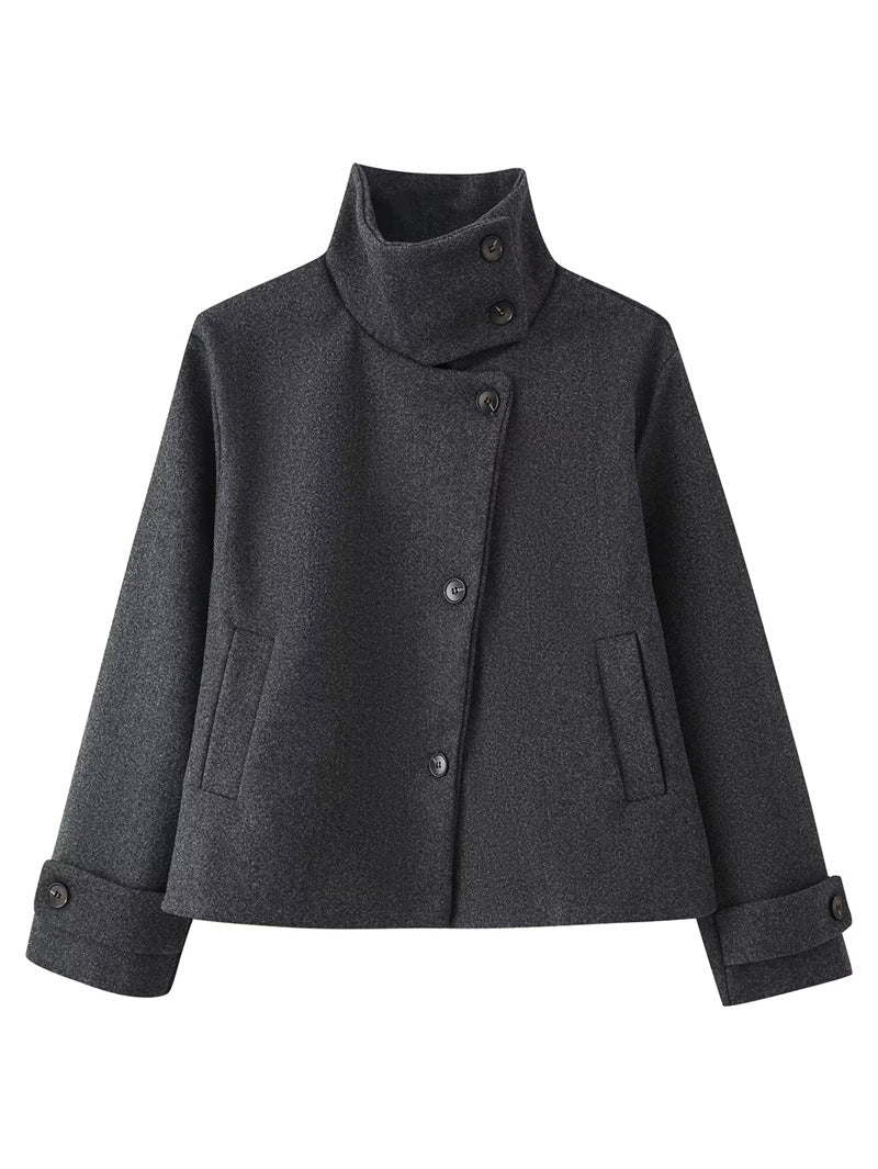 Damen kurze Boxy-Wolljacke mit Stehkragen und Manschetten Shop Nory