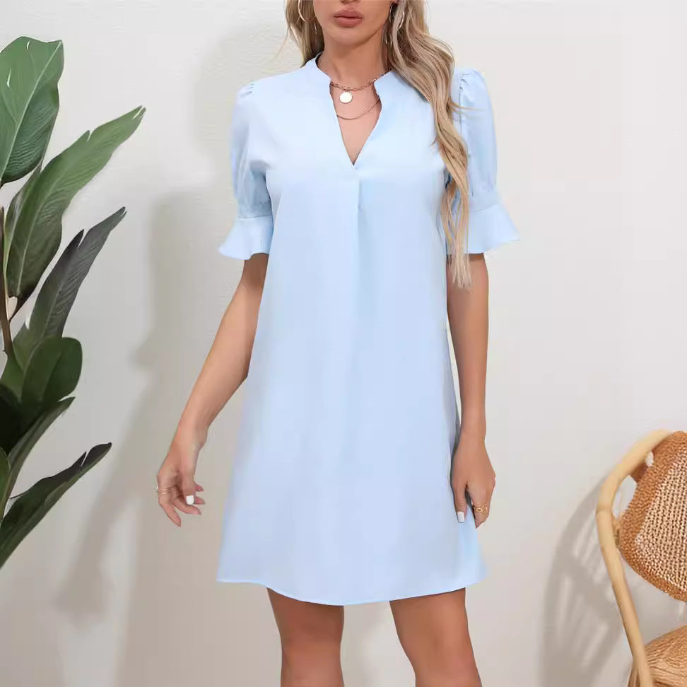 Damen Elegantes Kurzarm-Kleid mit V-Ausschnitt und Schößchen