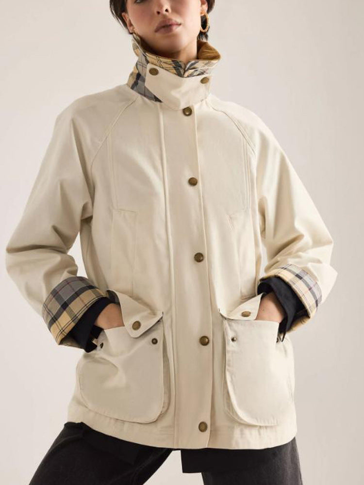 Damen Übergangsjacke mit Cordkragen, Karo-Innenmanschetten und aufgesetzten Taschen Shop Nory