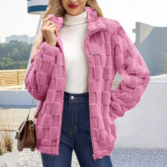 Damen Teddyjacke mit Karo-Struktur, Stehkragen und Reißverschluss Shop Nory