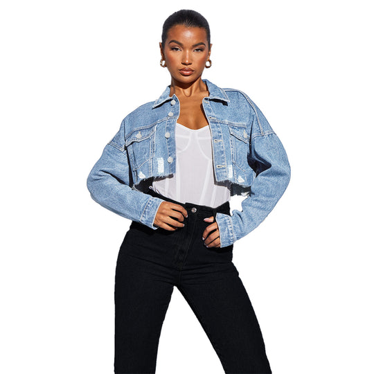 Damen Kurzgeschnittene Cropped-Denimjacke mit Raw‑Edge und Oversize-Ärmeln Shop Nory
