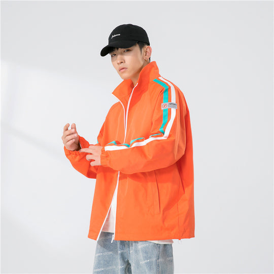 Herren Locker geschnittene Trackjacke mit Stehkragen, kontrastierenden Streifenärmeln und elastischen Bündchen Shop Nory