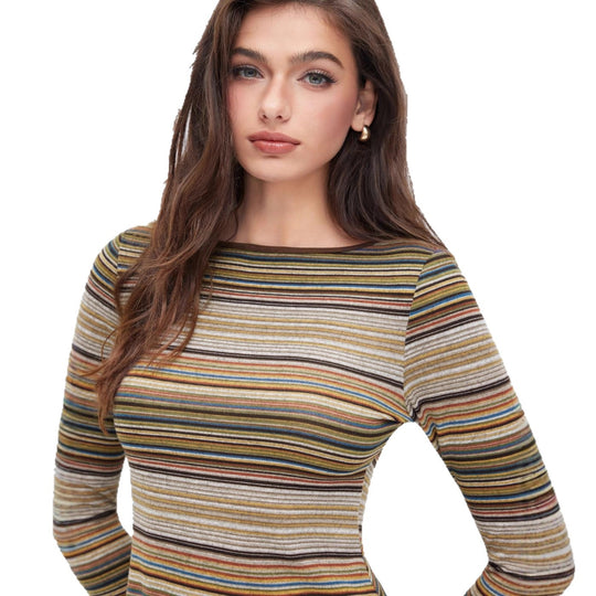Damen Gestreiftes Feinstrick-Minikleid mit taillierter Silhouette und langen Ärmeln Shop Nory