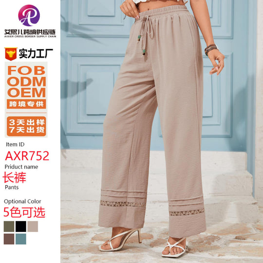 Damen Weite Leinenoptik-Hose mit hohem Gummibund, Bindekordel und Spitzeneinsatz Shop Nory