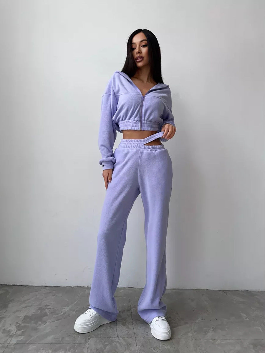 Damen Cropped Fleece-Set mit kurzem Zip-Hoodie und hoher Taillen-Jogginghose Shop Nory