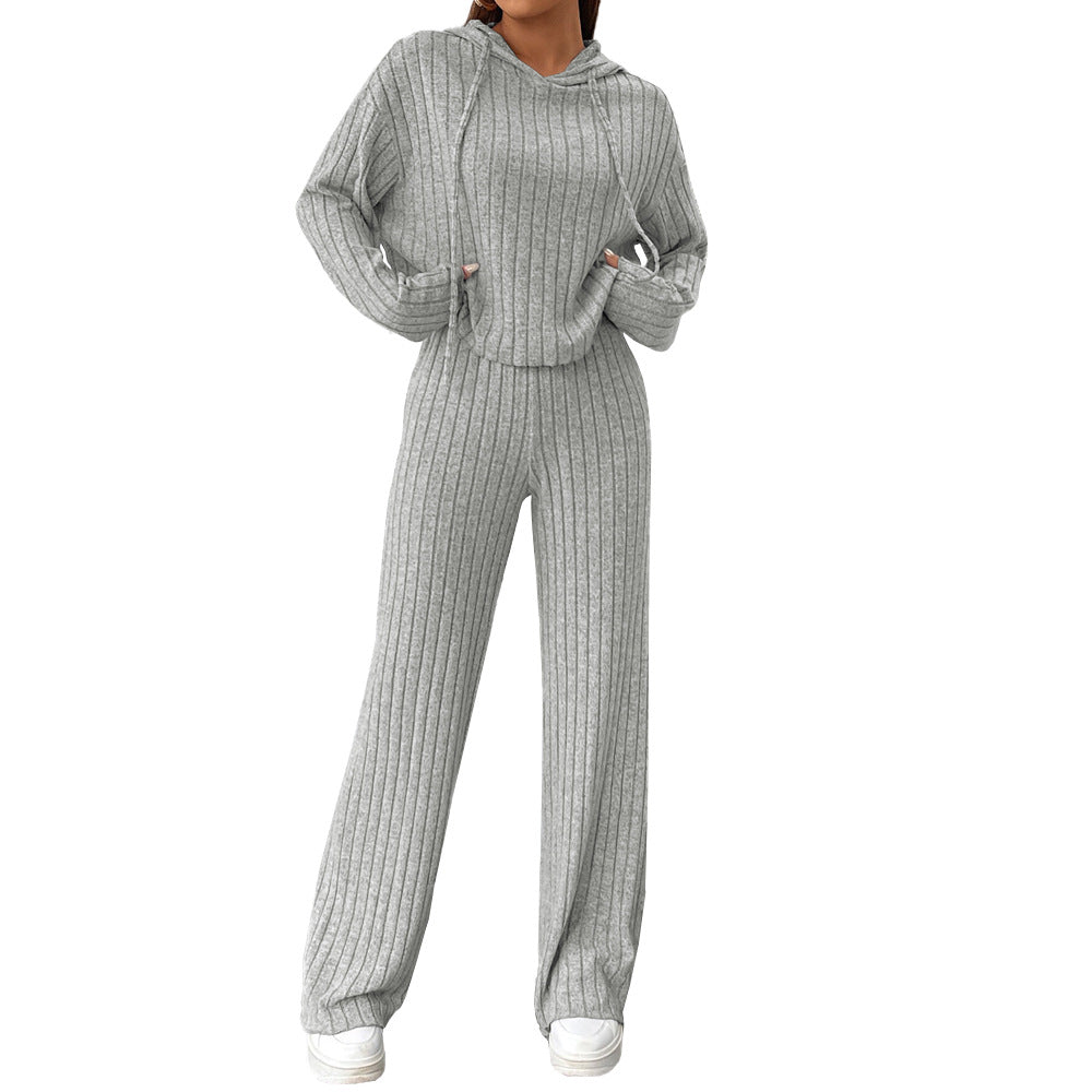 Damen geripptes Lounge-Set mit Kapuzenpullover und weiter Highwaist-Hose Shop Nory