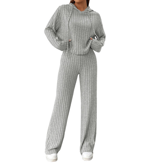 Damen geripptes Lounge-Set mit Kapuzenpullover und weiter Highwaist-Hose Shop Nory