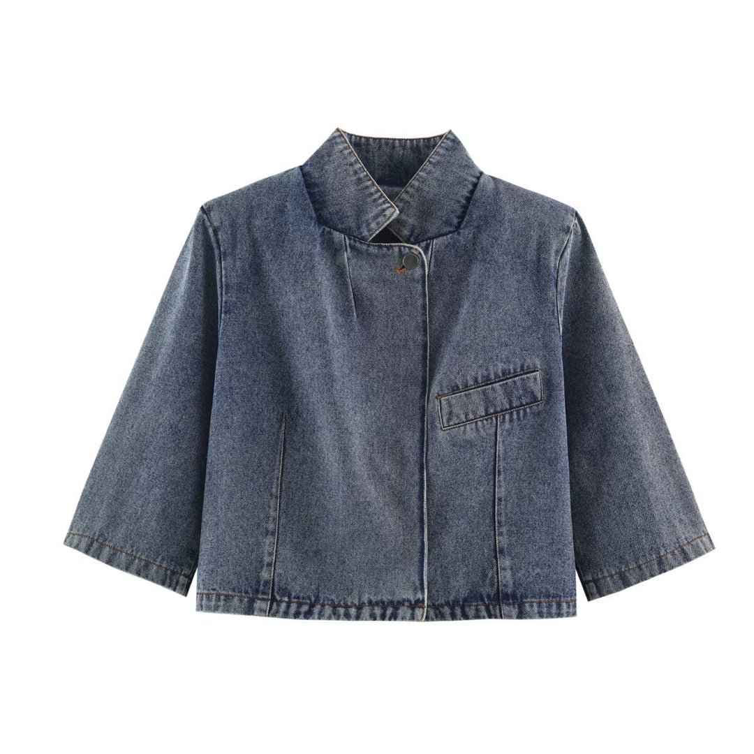 Damen Verkürzte Jeansjacke im Boxy‑Schnitt mit Stehkragen und dreiviertelärmeln Shop Nory
