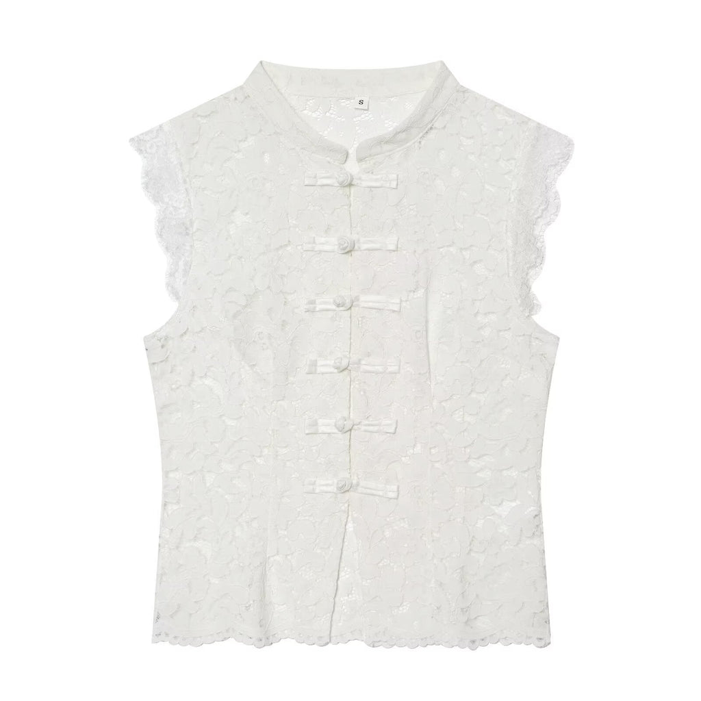 Damen-Spitzenoberteil mit traditionellem Stehkragen und eleganten Knopfdetails