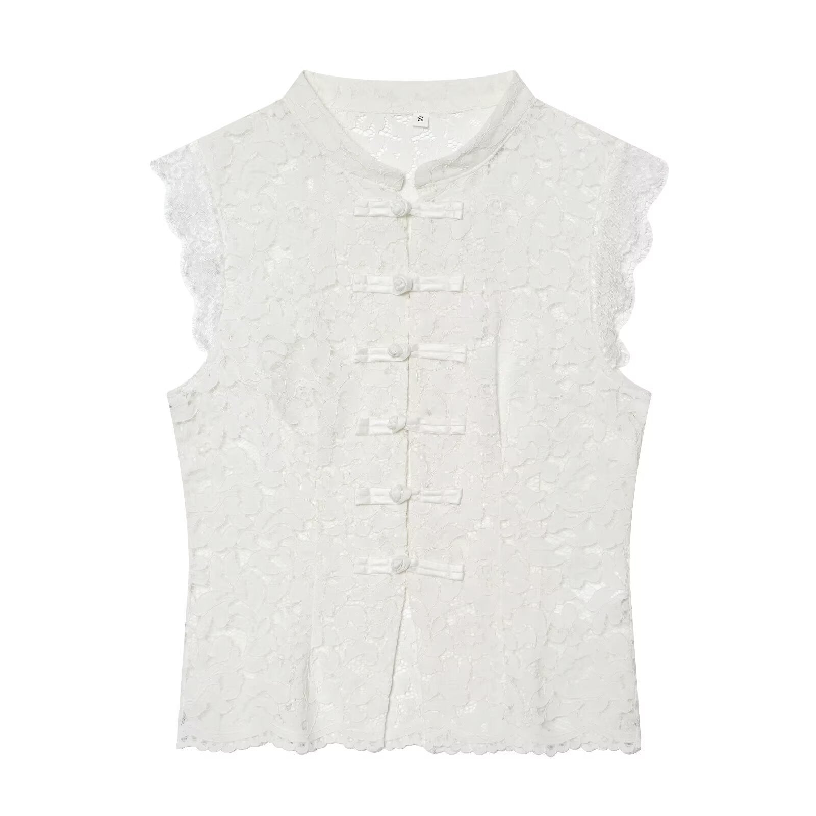 Damen-Spitzenoberteil mit traditionellem Stehkragen und eleganten Knopfdetails