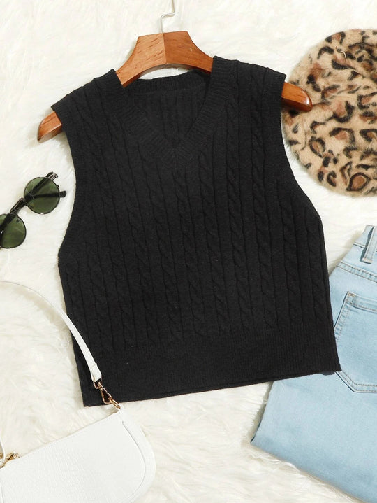 Damen Klassische Zopfmuster-Strickweste mit schmaler Passform und V-Ausschnitt Shop Nory