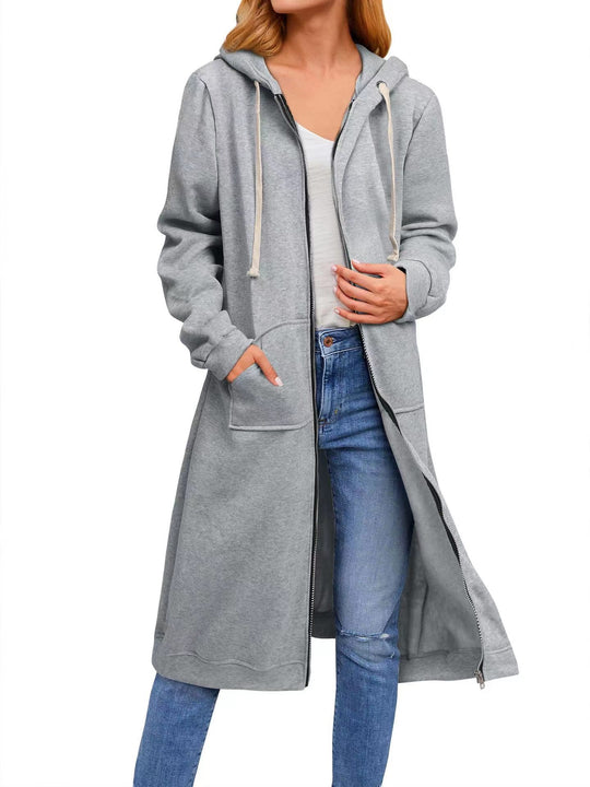 Damen Langer Kapuzen-Sweatmantel mit Zwei-Wege-Reißverschluss und Kängurutaschen Shop Nory