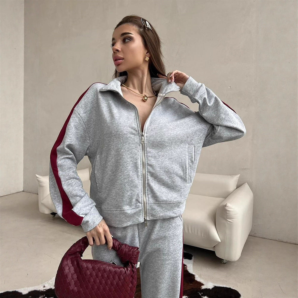 Damen weites Zip-Sweatset mit Kapuze, hohen Bund und seitlichem Kontraststreifen Shop Nory