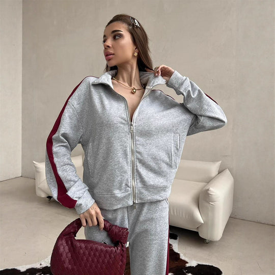 Damen weites Zip-Sweatset mit Kapuze, hohen Bund und seitlichem Kontraststreifen Shop Nory