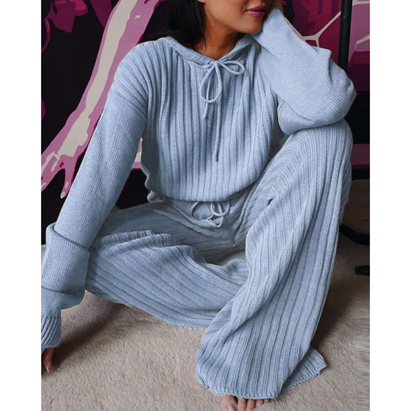 Damen Geripptes Strick-Loungewear-Set mit Kapuzenpullover und weiter Kordelzughose Shop Nory