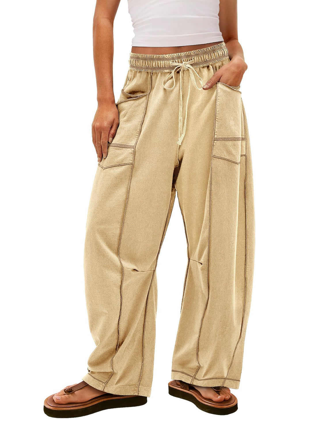 Damen weite Cargo-Loungehose mit elastischem Bund und Kontrastnähten Shop Nory