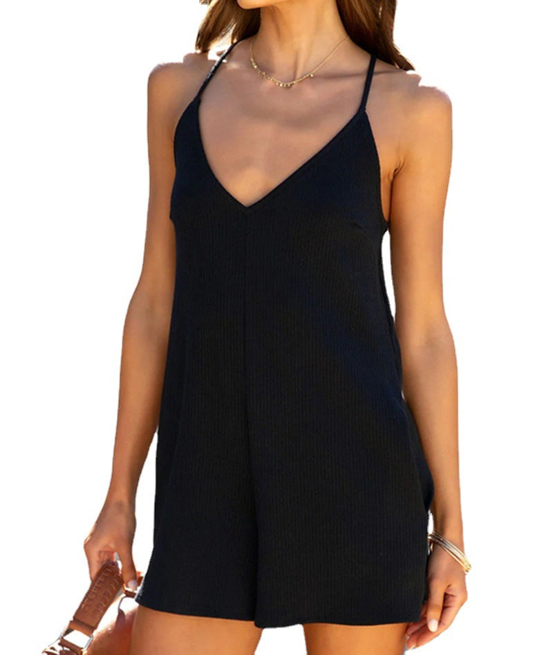 Damen praktischer Kurzoverall mit V-Ausschnitt und seitlichen Taschen