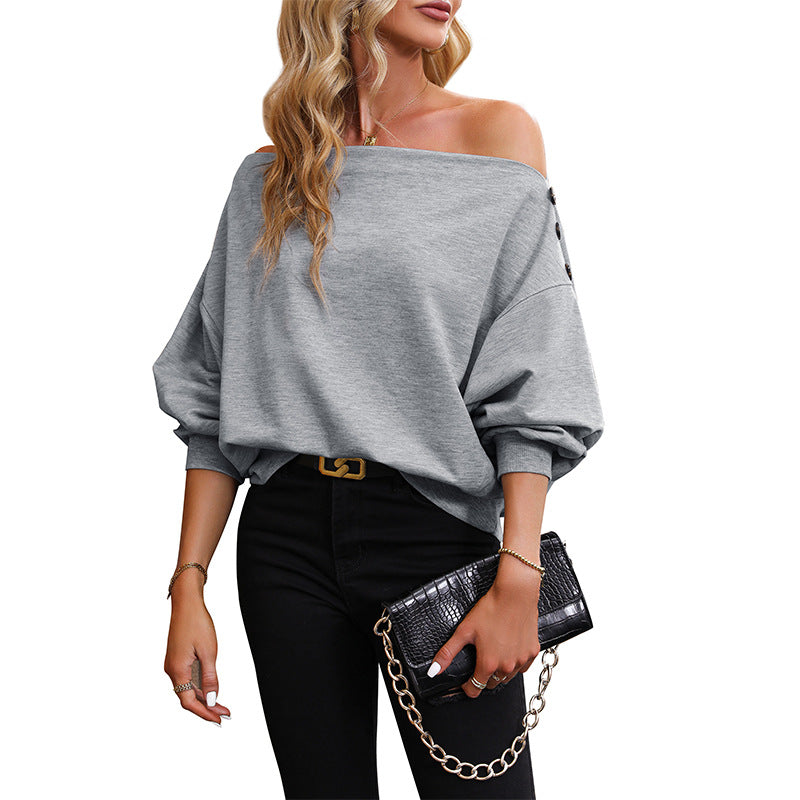 Damen Oversize Off-Shoulder Sweatshirt mit Zierknopfleiste und Ballonärmeln Shop Nory