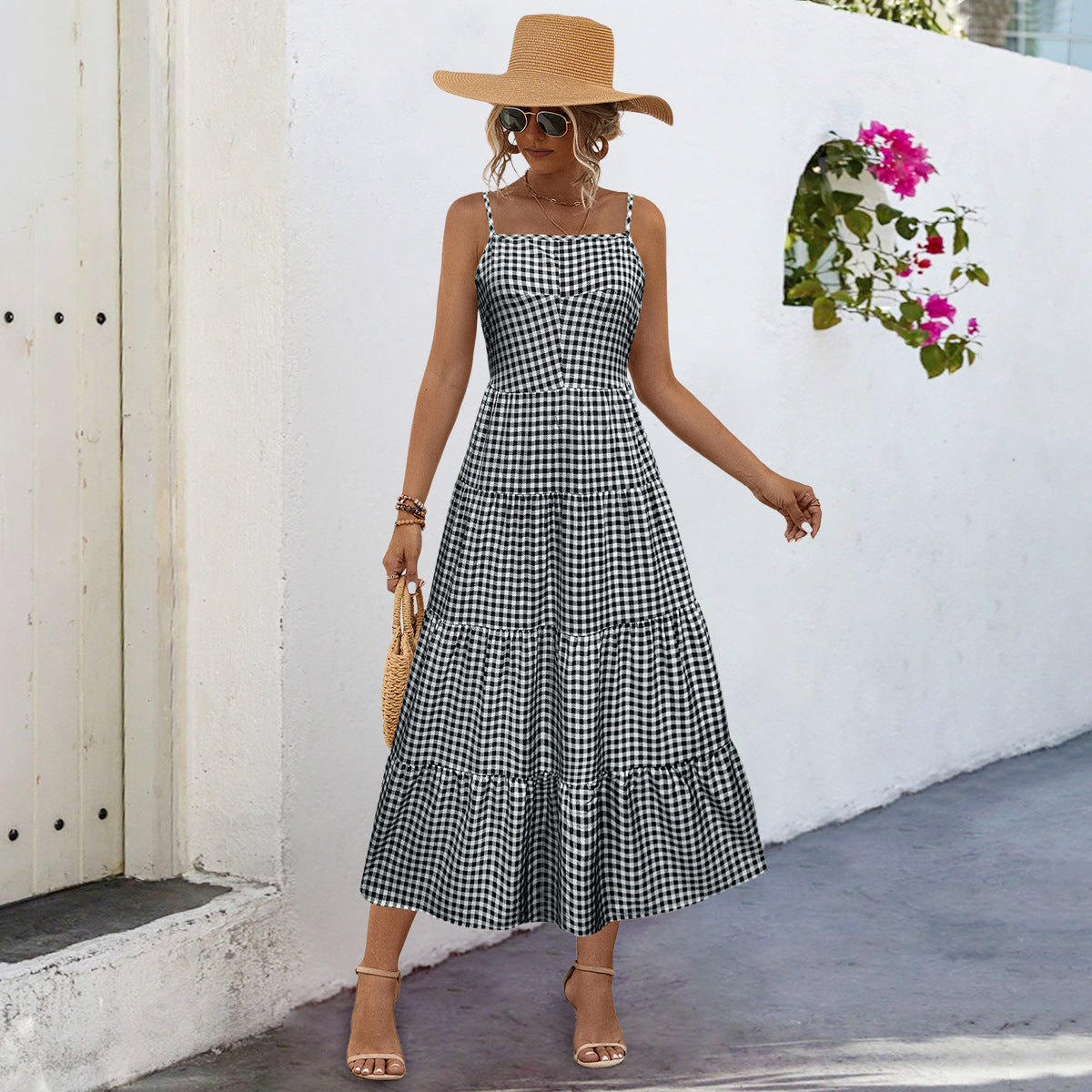 Damen Maxikleid im karierten Design mit Taillenakzent und Rüschensaum