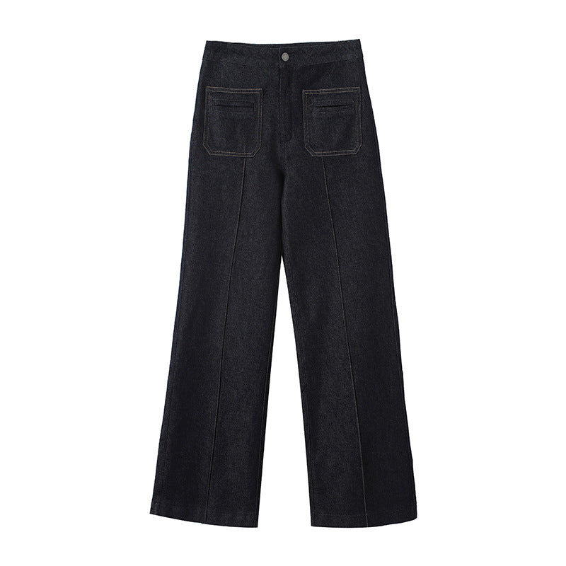 Damen High‑Waist Weite Denimhose mit durchgehender Mittelnaht und aufgesetzten Taschen Shop Nory