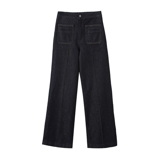 Damen High‑Waist Weite Denimhose mit durchgehender Mittelnaht und aufgesetzten Taschen Shop Nory