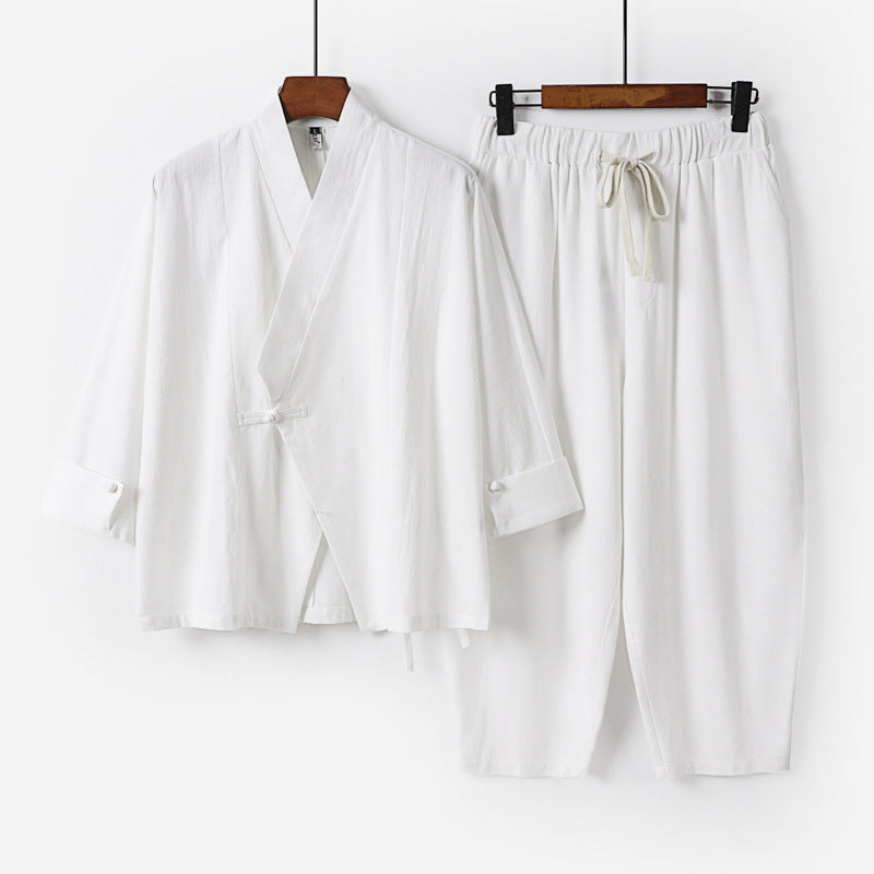Herren Atmungsaktives Leinen-Baumwoll Lounge-Set mit asymmetrischem V-Kragen und elastischer Kordelhose Shop Nory