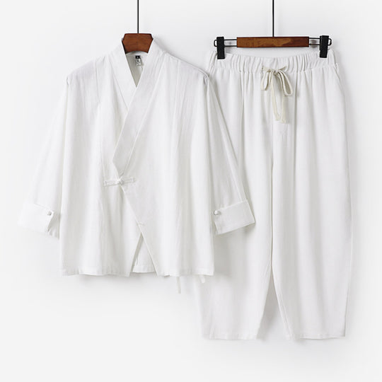 Herren Atmungsaktives Leinen-Baumwoll Lounge-Set mit asymmetrischem V-Kragen und elastischer Kordelhose Shop Nory