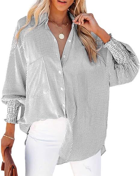 Damen legere Hemdbluse mit modischen Rüschenärmeln und Streifenmuster Shopnory