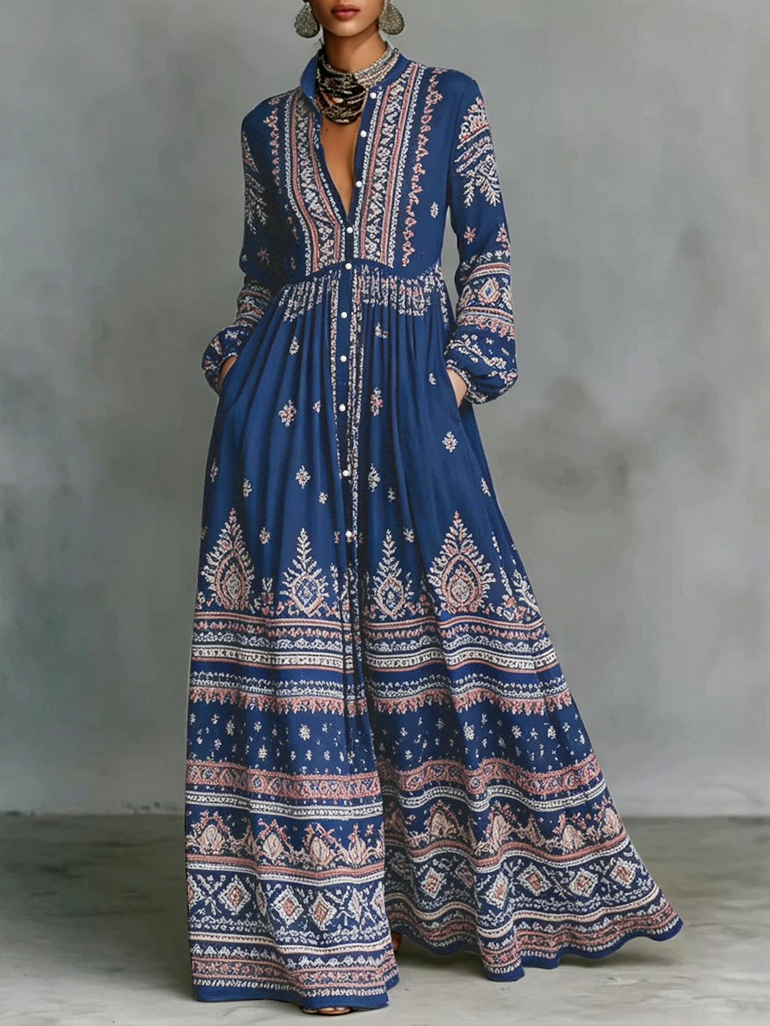 Damen Maxikleid im Boho‑Ethno‑Stil mit Stehkragen, durchgehender Knopfleiste und Eingrifftaschen Shop Nory