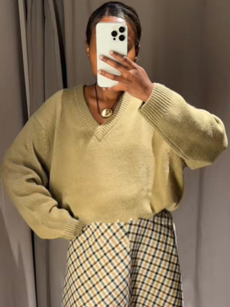 Damen Oversized V-Ausschnitt Strickpullover mit geripptem Saum Shop Nory
