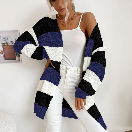 Damen Langer Oversize-Strickcardigan mit Blockstreifen und offener Front Shop Nory