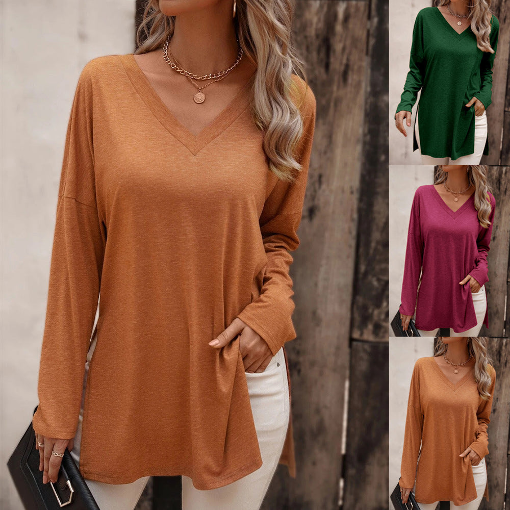 Damen lässige V-Neck Longsleeve-Tunika mit Seitenschlitzen und relaxed Fit Shop Nory
