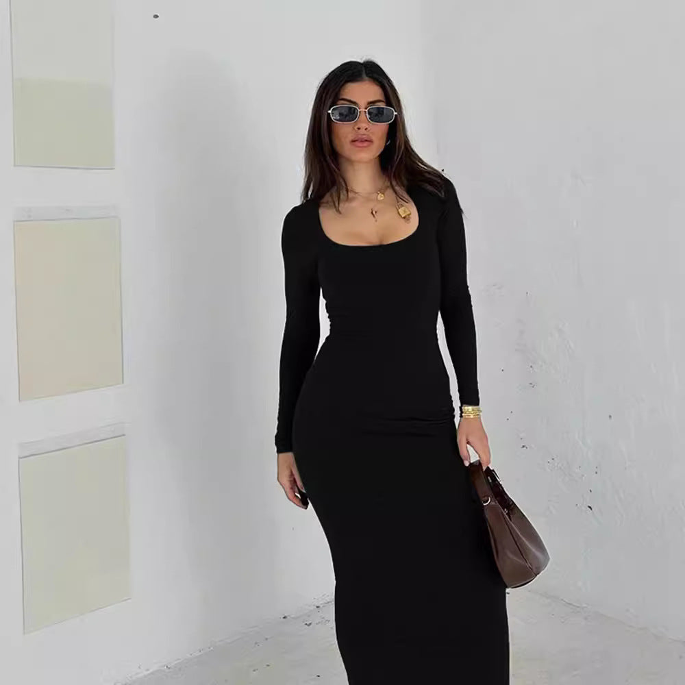 Damen Figurbetontes Stretch-Jerseykleid mit tiefem U-Boot-Ausschnitt und langen Ärmeln Shop Nory