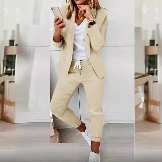 Damen nan lässiges Hosenanzug-Set mit Joggerhose, Kordelzug und tailliertem Blazer Shop Nory