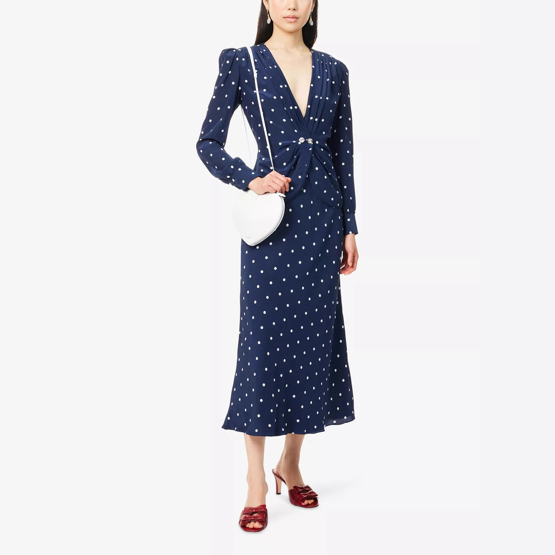 Damen Midikleid mit Punkteprint, tiefem V‑Ausschnitt, Wickelraffung und langen Ärmeln Shop Nory