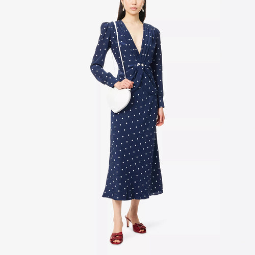 Damen Midikleid mit Punkteprint, tiefem V‑Ausschnitt, Wickelraffung und langen Ärmeln Shop Nory