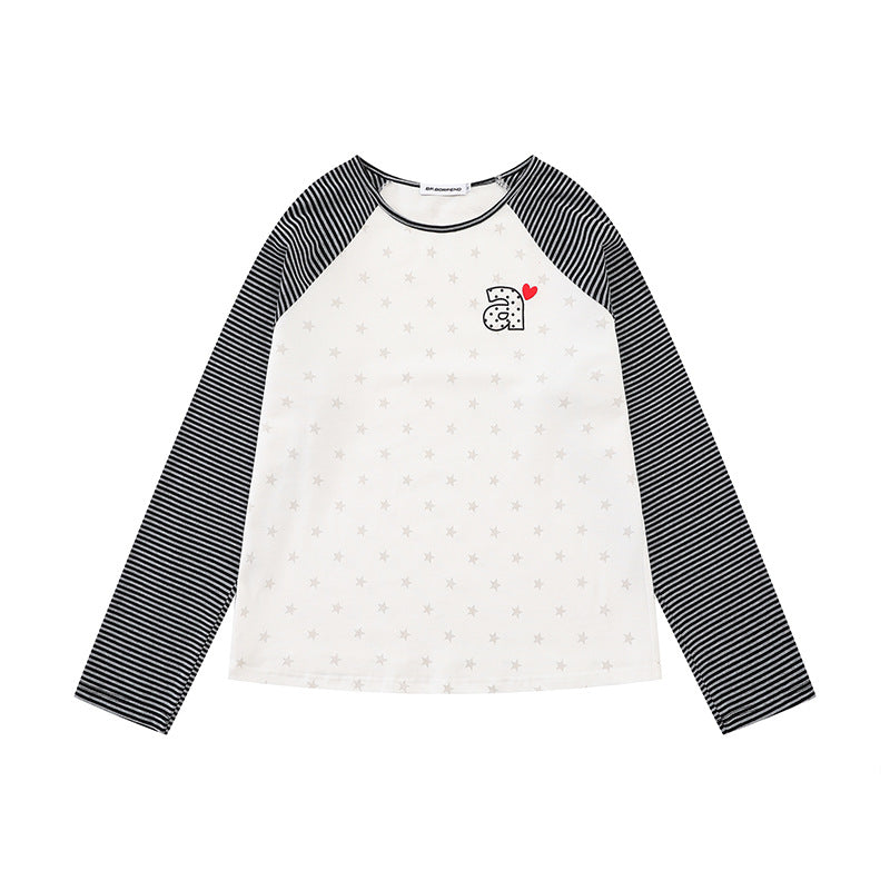 Damen Raglan-Langarmshirt mit gestreiften Ärmeln, Sternen-Allover und Buchstaben-Applikation Shop Nory