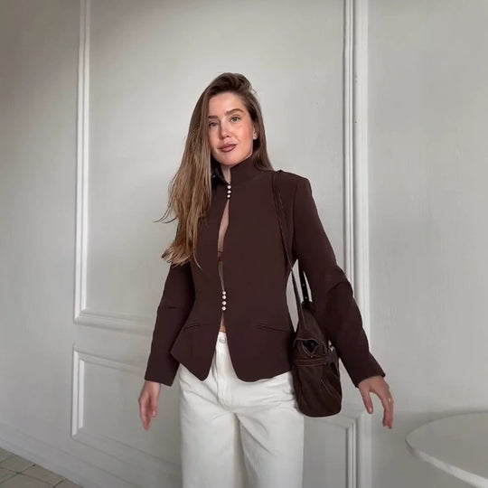 Damen Taillierter Blazer mit Stehkragen und Perlenknopf-Leiste Shop Nory