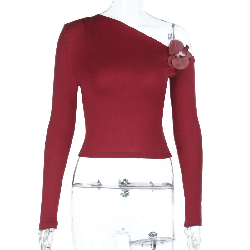 Damen asymmetrisches Ein-Schulter-Langarmshirt mit floraler Applikation Shop Nory