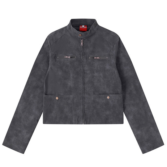 Damen Kurz geschnittene Bikerjacke aus Velours‑Optik mit Stehkragen und Brust‑Zipper Shop Nory