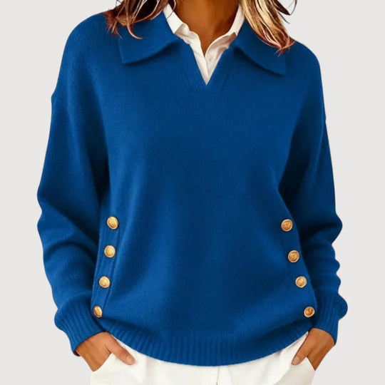 Damen Modischer Strickpullover mit Kragen und Knopfdetails
