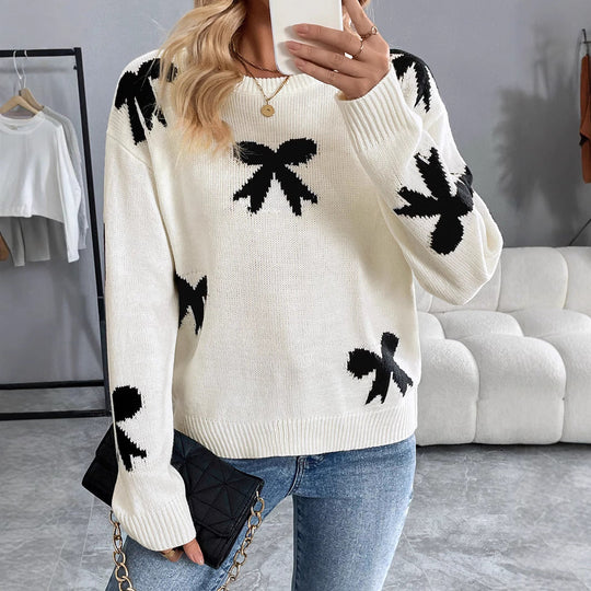 Damen Gestrickter Rundhals-Pullover mit Schleifen-Jacquard und relaxed Fit Shop Nory