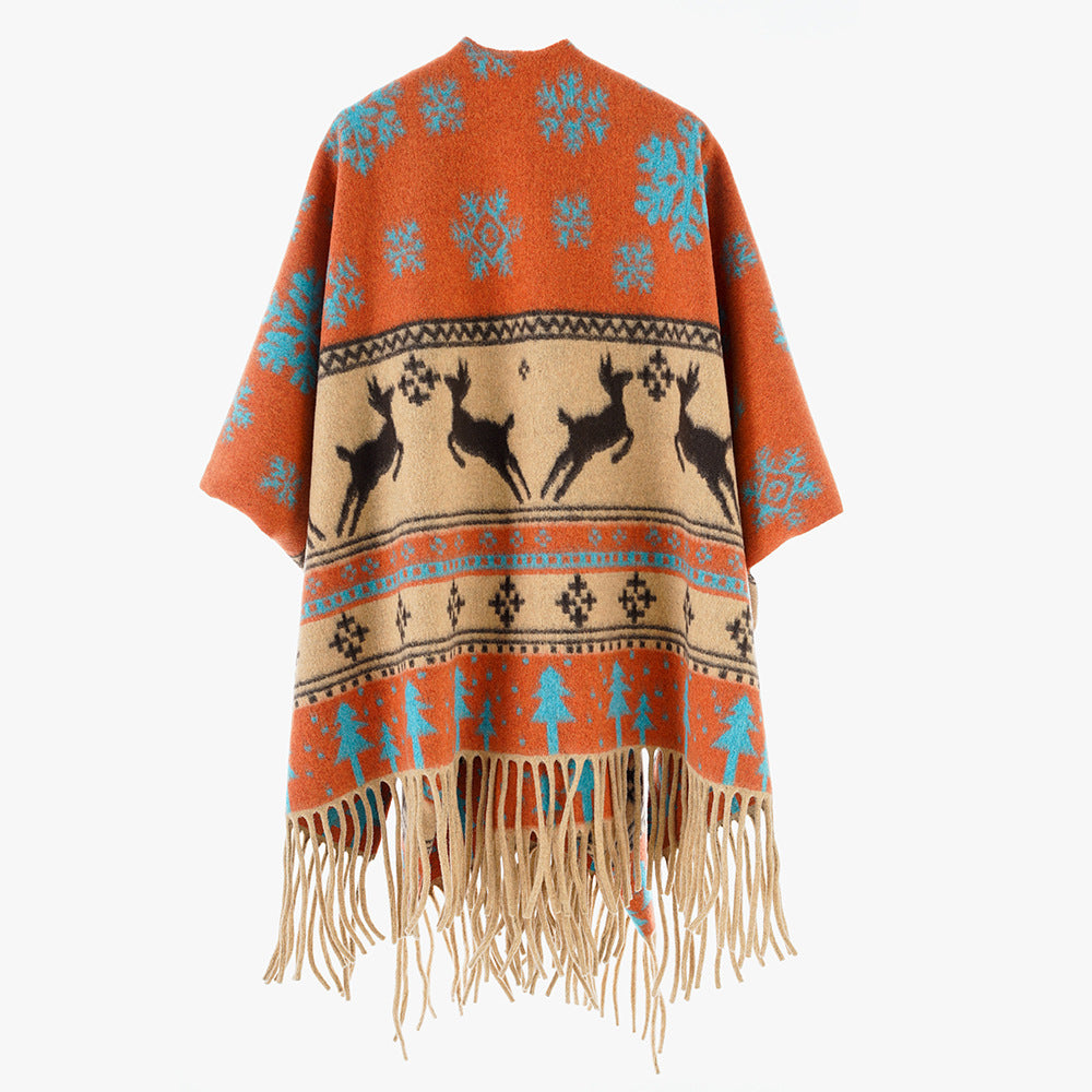 Damen Oversize-Poncho mit Norweger-Motiv und Fransen aus Wollmix Shop Nory