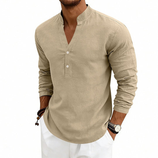 Herren Casual-Langarmhemd aus Leinen mit Stehkragen und kurzer Knopfleiste Shop Nory