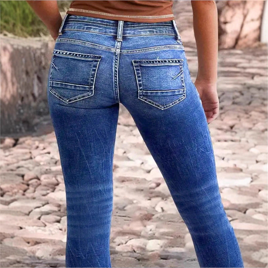 Damen hochgeschnittene Slim‑Cropped‑Jeans mit rohem Saum, Used‑Wash und elastischem Komfortbund Shop Nory